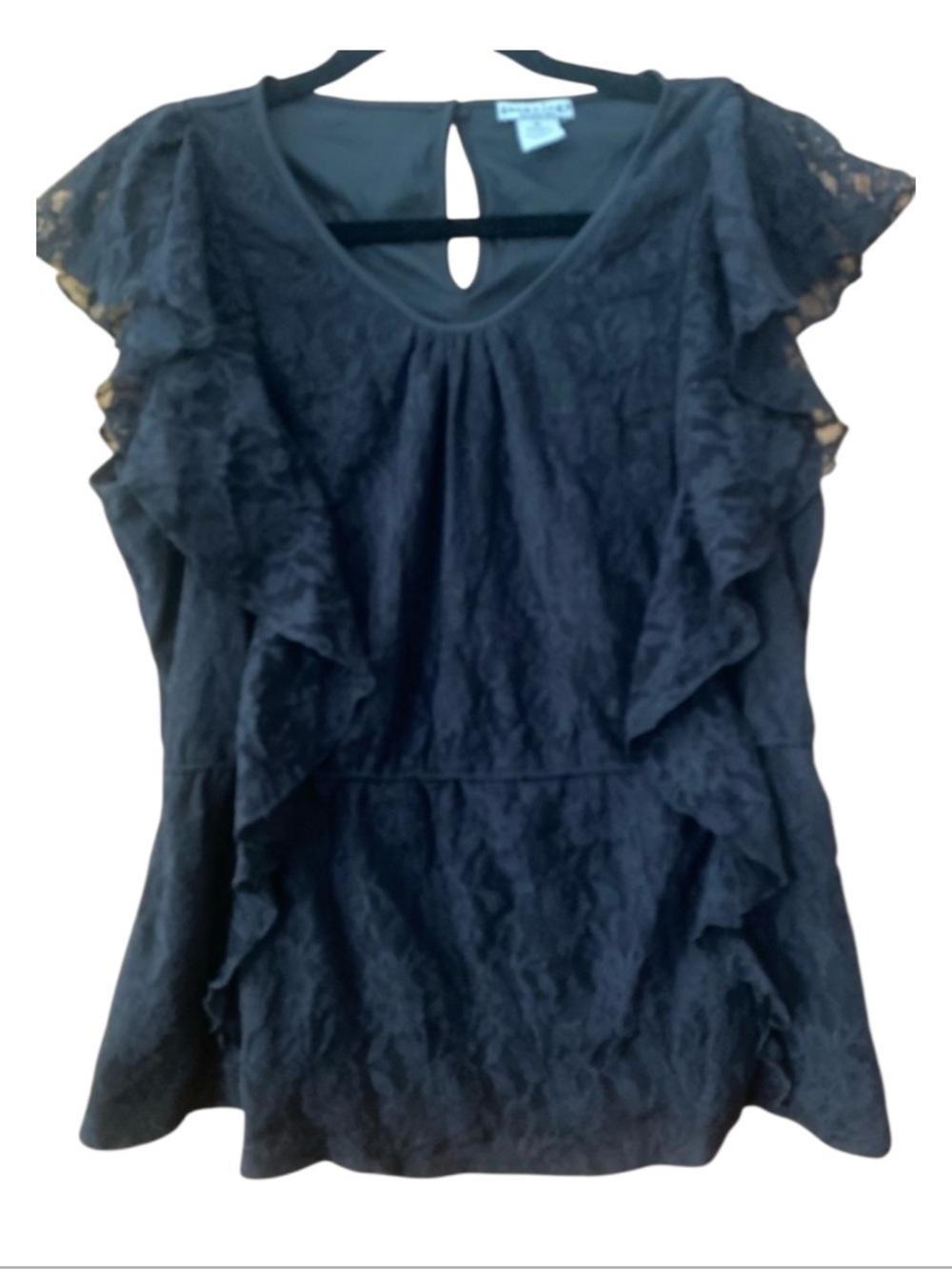 Geneology Black Floral Lace Peplum Ruffle Flutter Sleeve Blouse XL